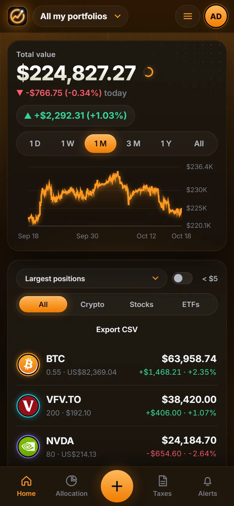 The home page on a phone, in orange